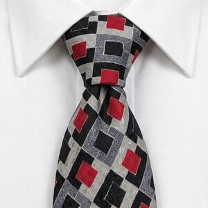 Hubert Milano Geometric Silk Tie Red Black Gray Men's Luxury Italian Made